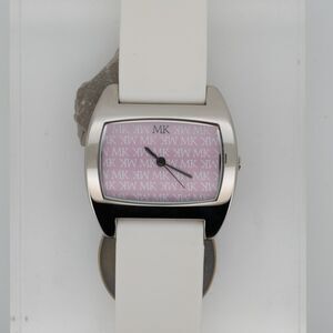 Mary Kay Quartz Watch Silver Tone Case 35mm White Strap New Battery Running